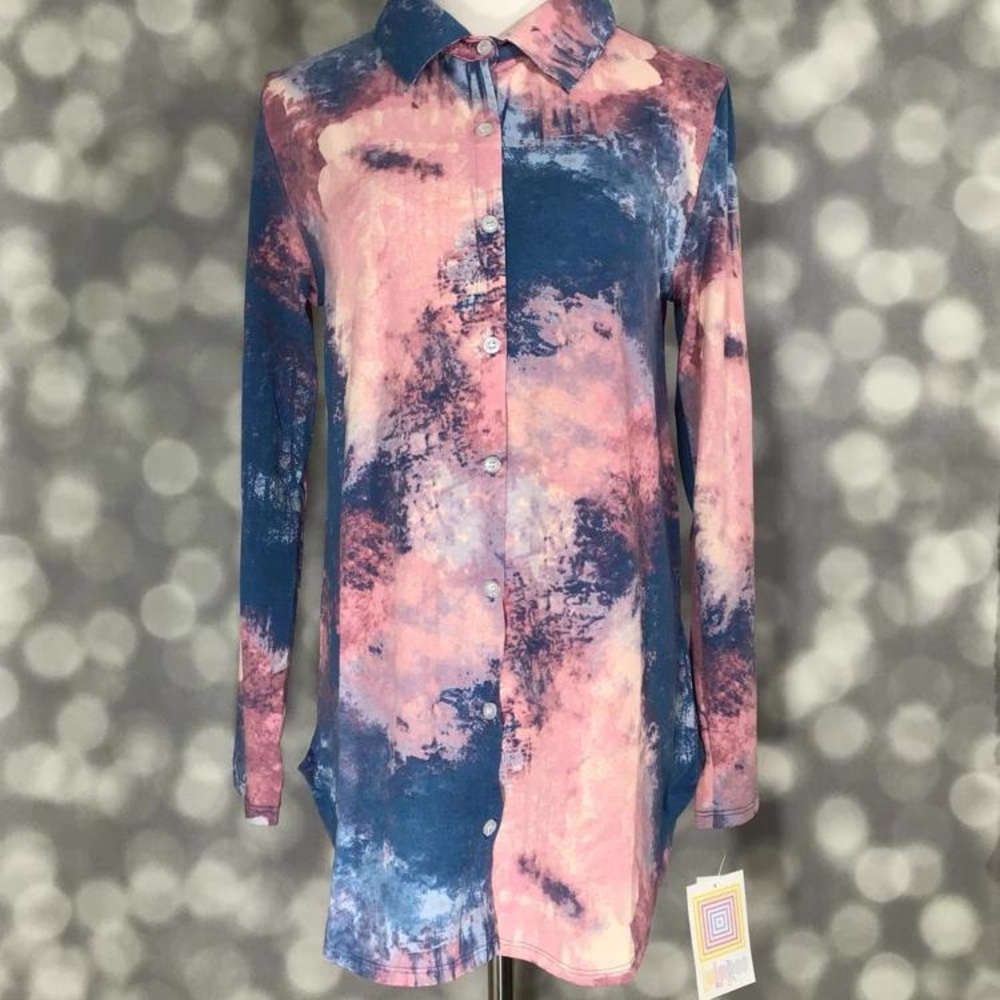LuLaRoe size small Valentina Pink and Navy Tie-Dye cloudwash Button-Down